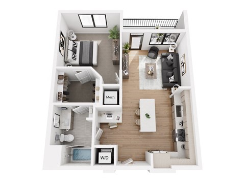 a stylized floor plan with a bedroom and a living room